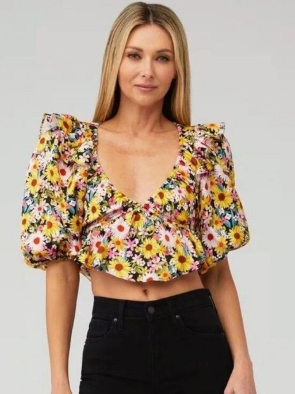 🌻For Love And Lemons Glenn Crop Top Womens Floral Tie Strap Smocked Back Size S